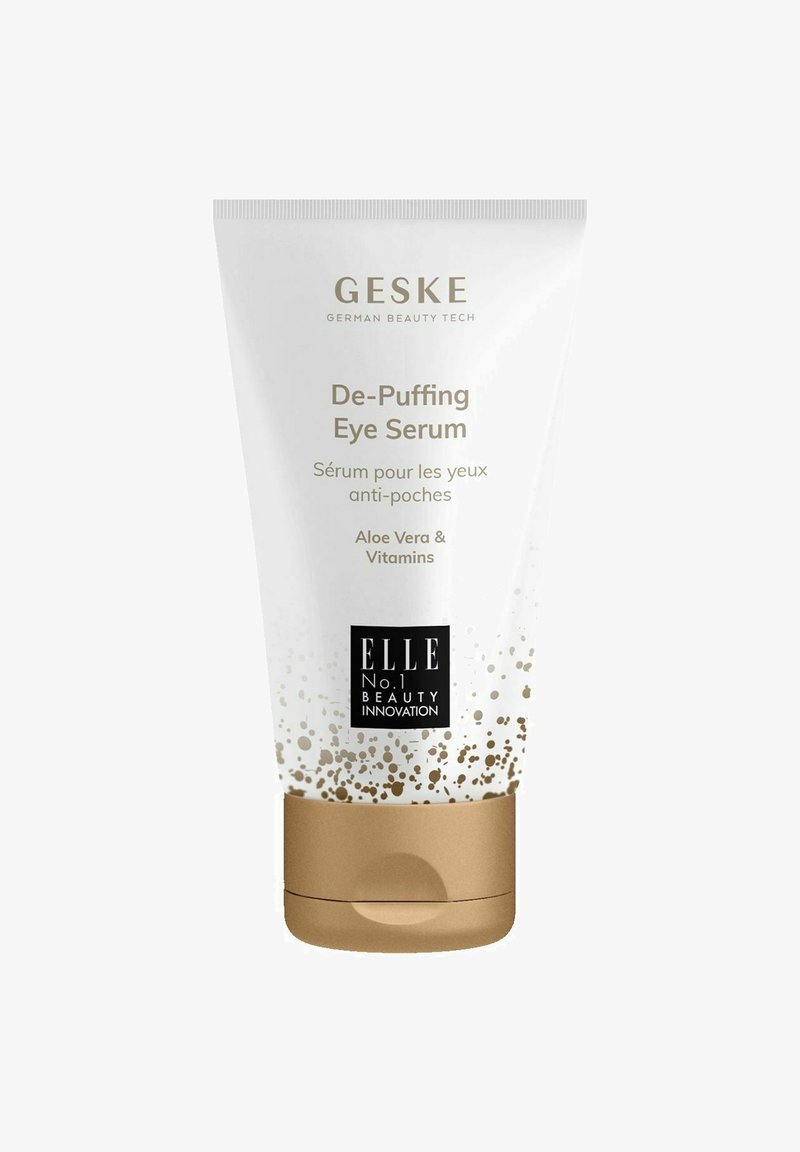 Geske De-Puffing Eye Serum Tube mit Aloe Vera und Vitaminen, beschriftet mit ELLE No.1 Beauty Innovation, weiß mit goldenen Sprenkeln und Kappe.