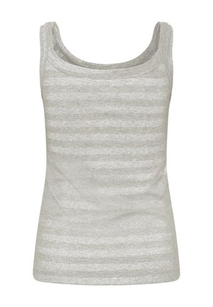 Débardeur gris clair côtelé sans manches avec un col en U et une subtile texture à rayures horizontales.