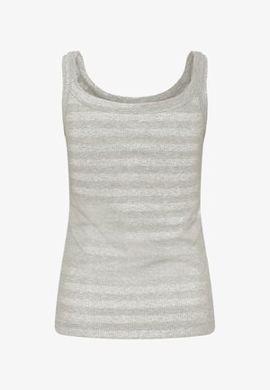 Šviesiai pilka be rankovių ribuota liemenė su apvalia iškirpte ir subtilia horizontalių dryžių tekstūra.