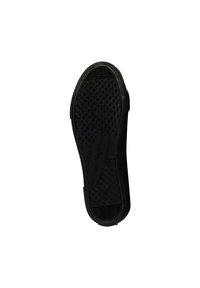 Semelle de chaussure en caoutchouc noir avec une surface texturée présentant des motifs en forme de diamant et un bord lisse. Forme générale courbée adaptée aux chaussures décontractées.