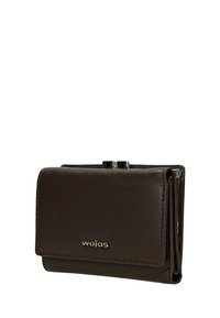Portefeuille en cuir brun foncé avec fermeture à boucle métallique et logo "wojas" en lettres argentées sur le rabat avant.