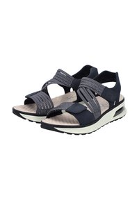 Sandales sportives avec une tige navy, des brides élastiques, une semelle intérieure rembourrée beige et une semelle en caoutchouc noir avec texture antidérapante.