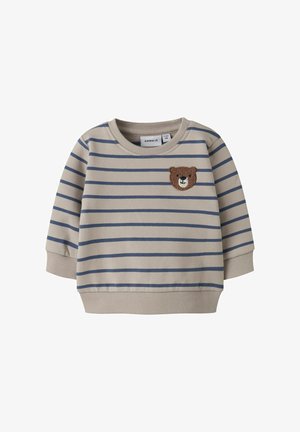 Beige-blau gestreiftes Langarm-Sweatshirt für Kleinkinder mit einem braunen Bärengesicht-Patch auf der Brust sowie gerippten Bündchen und Saum.