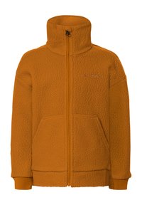 Oranje fleece jack met hoge kraag, volledige rits, twee voorzakken en geribbelde manchetten. Heeft een gestructureerd, zacht oppervlak.