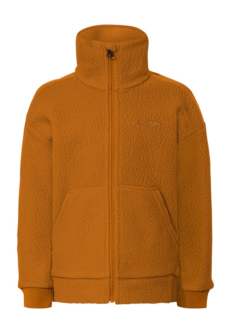 Oranje fleece jack met hoge kraag, volledige rits, twee voorzakken en geribbelde manchetten. Heeft een gestructureerd, zacht oppervlak.