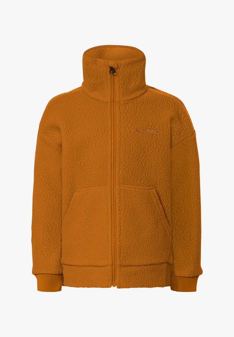 Oranje fleece jack met hoge kraag, volledige rits, twee voorzakken en geribbelde manchetten. Heeft een gestructureerd, zacht oppervlak.