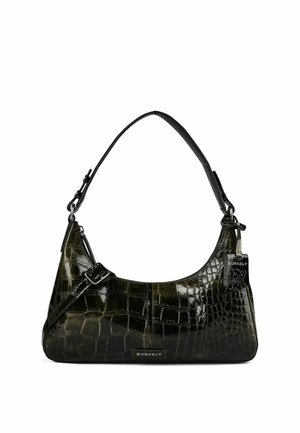 Bolso brillante de color verde oscuro con estampado de cocodrilo, dos asas, logotipo de Burkely en el frente y etiqueta adjunta.