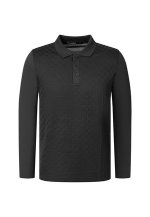 Polo noir à manches longues avec trois boutons et un motif subtil de logo répétitif sur le devant et la zone de la poitrine.