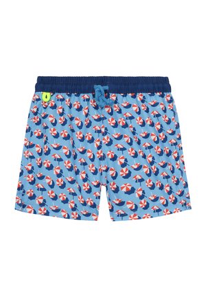 Short de bain bleu avec une taille bleu foncé, un cordon bleu et un motif de parasols de plage rouges et blancs.
