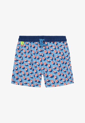 Short de bain bleu avec une taille bleu foncé, un cordon bleu et un motif de parasols de plage rouges et blancs.