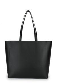Black leather tote bag with two long handles, rectangular shape, smooth texture, and no visible hardware or patterns.