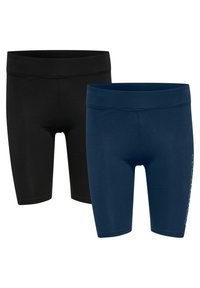 Twee paar aansluitende shorts in zwart en donkerblauw. Gemaakt van soepel, rekbaar materiaal met elastische taillebanden en een minimalistisch ontwerp.