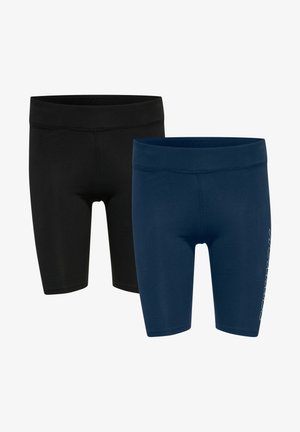 Dwie pary dopasowanych szortów w kolorze czarnym i granatowym. Wykonane z gładkiego, elastycznego materiału z elastycznymi paskami w taliów i minimalistycznym designem.