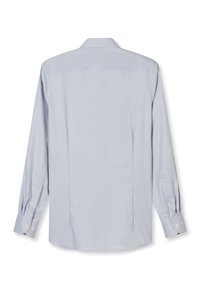 Light blue long-sleeve men's dress shirt with buttoned cuffs, shown from the back on a white background.