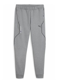 Grå sweatpants med elastisk talje, sidelommer med lynlås, sorte accenter, samt Puma og BMW Motorsport logoer. Glat tekstur.