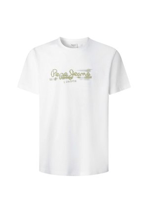 Valge puuvillane lühikeste varrukatega T-särk, millel on ees tekst „Pepe Jeans“ rohelises ning allpool väiksemas kirjas „LONDON”.