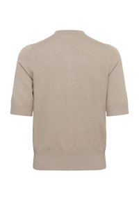 Beige Strickpullover mit kurzen Ärmeln, rundem Halsausschnitt und gerippten Bündchen sowie Saum. Glatte Textur mit nahtlosem Rückendesign.