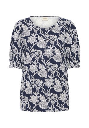 Navy blue blouse with white floral pattern, round neckline, and short puffed sleeves with elastic cuffs.