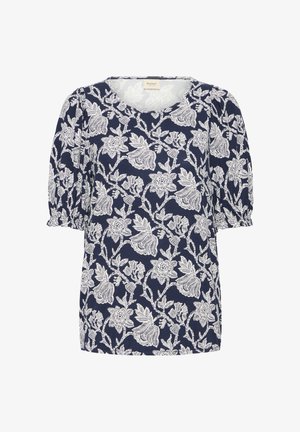 Marineblaue Bluse mit weißem Blumenmuster, rundem Halsausschnitt und kurzen, aufgepufften Ärmeln mit elastischen Bündchen.