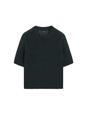 Donkergrijze korte mouwen gebreide trui met geribbelde ronde hals, manchetten en zoom, plat gelegd op een witte achtergrond.