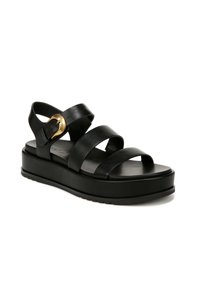 Sandal in pelle nera con tre ampie cinghie, fibbia regolabile alla caviglia e suola piattaforma per un'altezza aggiuntiva. Texture liscia in tutto.