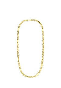 Gouden ketting met gelijkmatig formaat, ronde schakels. Glad oppervlak, glanzende afwerking, voorzien van een veilige sluiting. Klassiek ontwerp dat geschikt is voor het lagen.