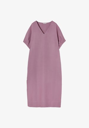 Kleid mit V-Ausschnitt und kurzen, leicht gepufften Ärmeln. Aus leichtem Stoff in einem sanften Mauve-Ton gefertigt. Gerader Schnitt mit seitlichen Schlitzen am Saum.
