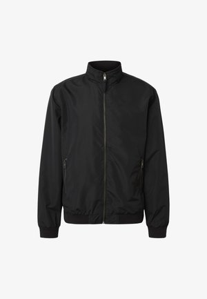 Black lightweight bomber jacket with front zipper, stand-up collar, zippered side pockets, and ribbed cuffs and hem.