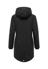 Black waterproof parka with hood, long sleeves, elastic cuffs, and a slightly curved hem. Features a logo on the back and a snap closure at the bottom.