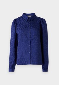 Navy blue blouse featuring a textured heart pattern, classic collar, long sleeves with button cuffs, and front button closure.