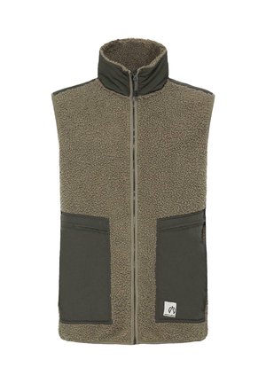 Fleece vest in olive green, featuring a high collar, full front zipper, two large front pockets, and a textured, soft surface.