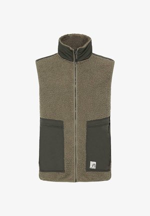 Olíva zöld fleece mellény, magas gallérral, teljes elülső cipzárral, két nagy elülső zsebbel és texturált, puha felülettel.