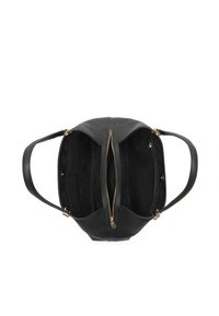 Black leather handbag with dual zip compartments, smooth texture, gold hardware accents, and two sturdy handles. Interior is dark fabric.