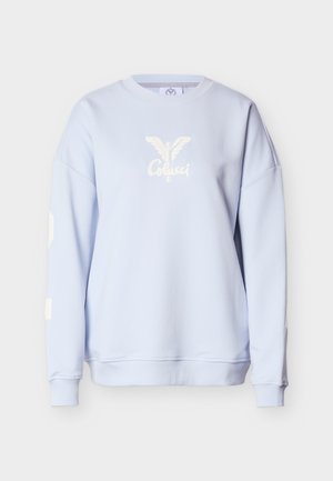 Felpa azzurro chiaro con scollo rotondo, polsini e orlo a costine. Presenta un logo grafico bianco sul davanti e dettagli sulle maniche.