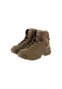 Stivali da trekking marroni con tomaia in suede e mesh, suole in gomma, occhielli in metallo e colli imbottiti; progettati per attività all'aperto.