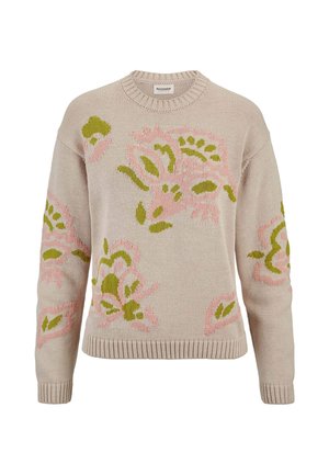 Beiger Strickpullover mit Rundhalsausschnitt, vorne und an den Ärmeln mit abstrakten Blumenmustern in Pink und Olivgrün.