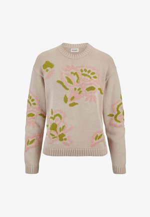 Beiger Strickpullover mit Rundhalsausschnitt, vorne und an den Ärmeln mit abstrakten Blumenmustern in Pink und Olivgrün.