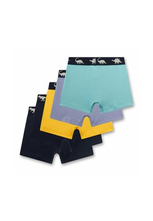 Four pairs of children’s boxer shorts in turquoise, purple, yellow, and navy, featuring a dinosaur-patterned waistband.