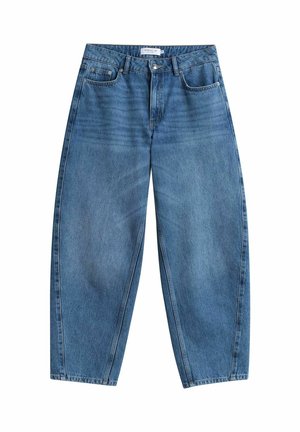 Blue high-waist relaxed-fit jeans with front button, zipper closure, belt loops, and five-pocket design on white background.