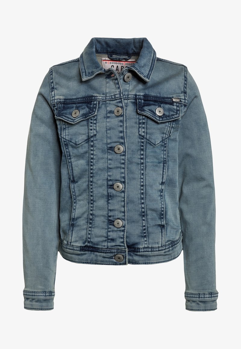 Veste en jean bleu clair, avec un devant à boutons, deux poches poitrine et des détails de couture contrastés. Col traditionnel et manches longues.