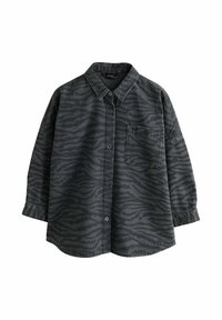 Camicia nera con bottoni, decorata con un motivo a strisce di tigre, maniche lunghe, tasca sul petto e colletto classico realizzata in tessuto strutturato.