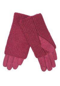 Une paire de gants en tricot et en suède bourgogne avec des poignets côtelés et un petit détail floral sur un doigt.