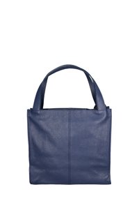 Borsa a tracolla in pelle blu navy con una finitura texturizzata, due manici superiori e una forma rettangolare semplice. Nessun hardware o decorazione visibile.