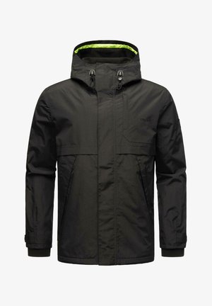 Črna vodoodporna jakna s kapuco, ki ima kontrastno zeleni podlog, sprednje žepe in elastične manšete za varno prileganje.