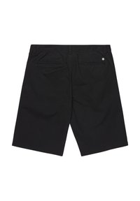 Černé šortky vyrobené z látky, s dvěma zadními kapsami, pasem a malým logem na pravé straně. Jednoduchý design, délka po kolena.