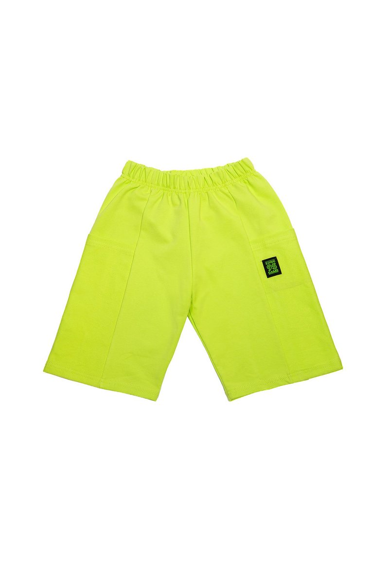 Neonowe zielone szorty z elastycznym pasem, dwoma bocznymi kieszeniami i naszywką z logo na lewej kieszeni. Gładka tekstura tkaniny.