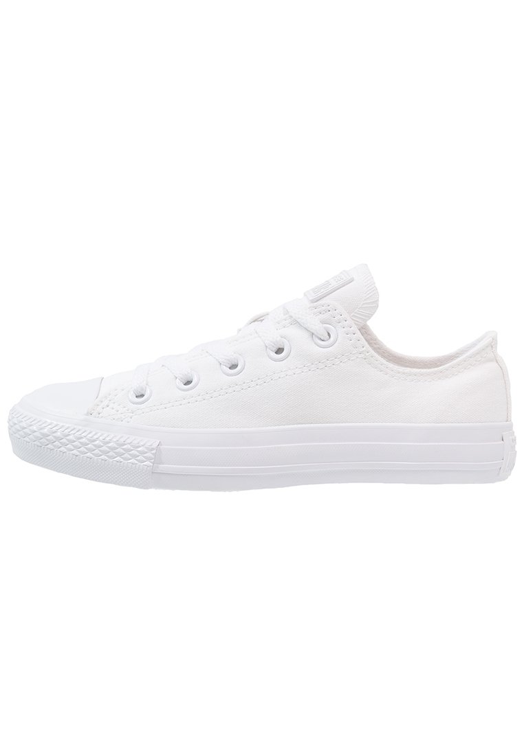 Weiße Canvas-Sneaker, knöcheltiefes Design, runde Zehenpartie, Schnürverschluss mit sechs Ösen, strukturierte Gummisohle und minimalistisches Styling.