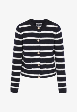 Marineblauwe en witte gestreepte cardigan van zachte stof, met een ronde hals, lange mouwen, vo pockets en gouden knopen.