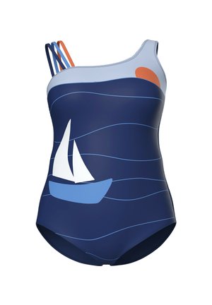 Bañador azul marino de un solo hombro con diseño de velero y olas, con tirantes finos en azul marino, azul y naranja, y un detalle de sol naranja.