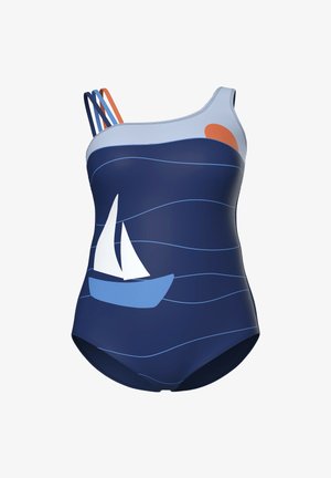 Bañador azul marino de un solo hombro con diseño de velero y olas, con tirantes finos en azul marino, azul y naranja, y un detalle de sol naranja.